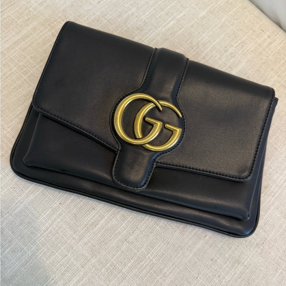 Gucci Black Leather Clutch with Gold GG Logo